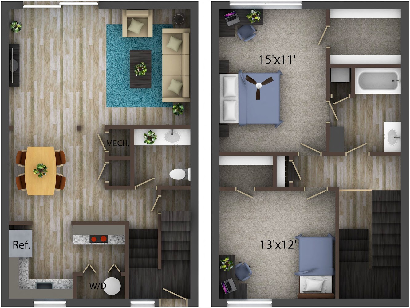 Floor plan for 2 beds, 1.5 baths, 1280 sqft